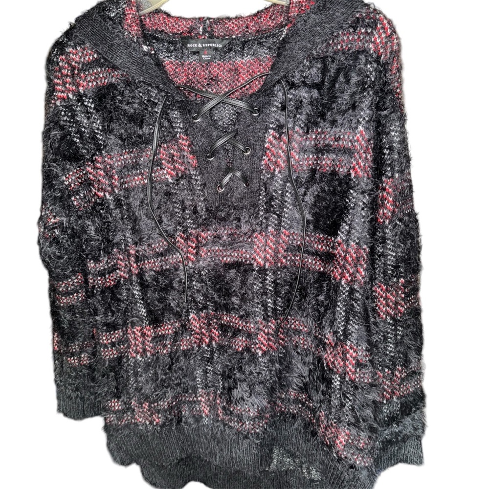 Rock & Republic SOFTEST Sweater, Leather Lace-Up Neckline, Long Sleeve Plaid